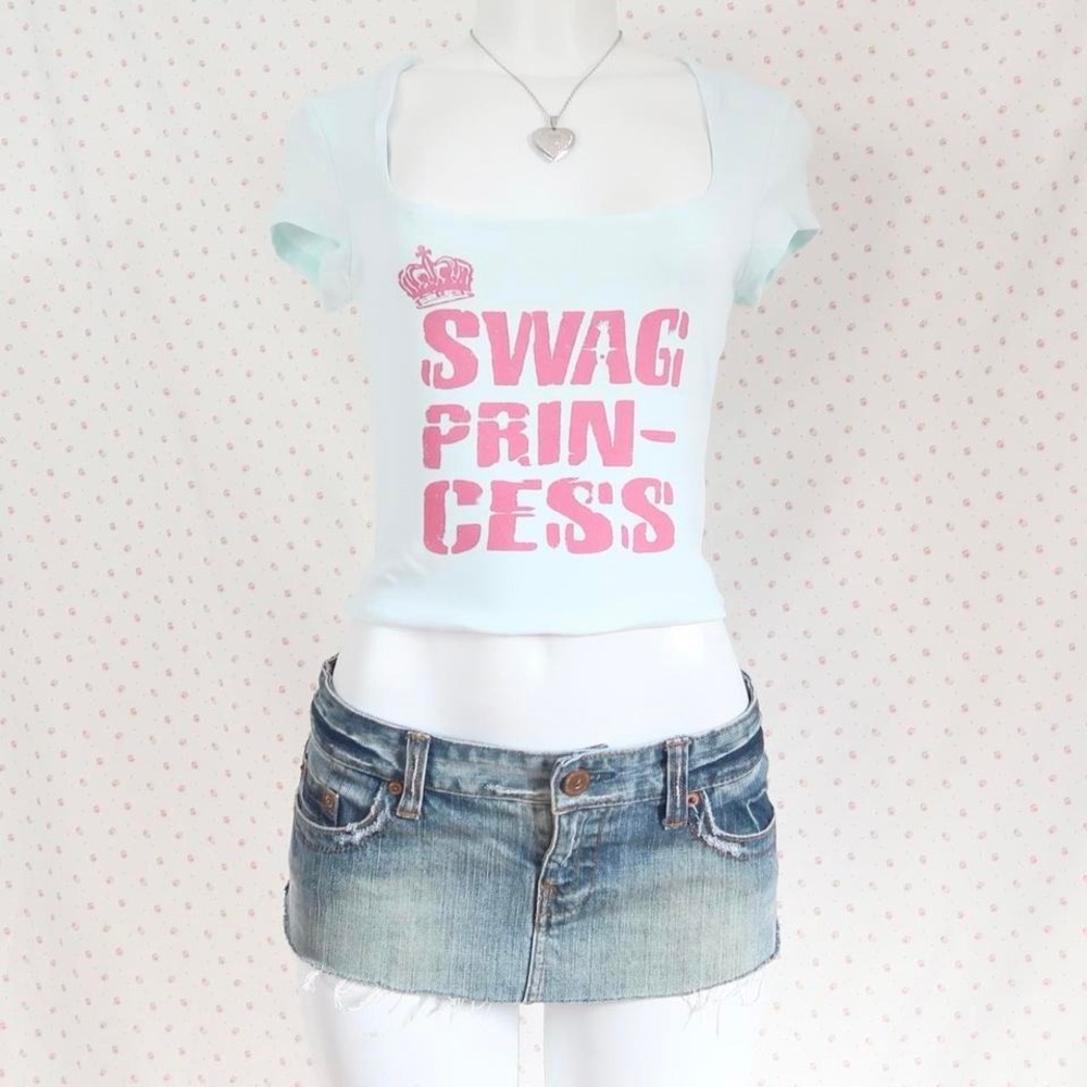 Y2K Pastel Mint Blue "SWAG PRINCESS" Crown Graphic Scoop Neck Top